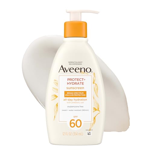 Aveeno Protect + Hydrate Sunscreen Lotion, SPF 60, 12 fl. oz | Full-Body Broad Spectrum Sunscreen, Prebiotic Oat, Oil-Free, Water & Sweat Resistant up to 80 Minutes, Paraben-Free