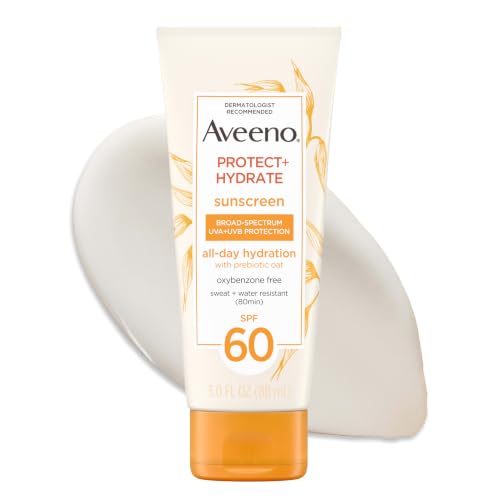 Aveeno Protect + Hydrate Sunscreen Lotion, SPF 60, 3.0 fl. oz | Broad Spectrum Sunscreen for Body, Prebiotic Oat, Oil Free, Water & Sweat Resistant up to 80 Minutes, Paraben-Free