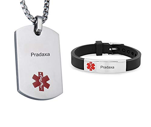 LiFashion LF Stainless Steel Pradaxa Medical Alert Dog Tag ID Pendant Caduceus necklace Set Adjustable Silicone Rubber Chain Medical ID Health Alert Monitoring Systems Jewelry Sets for Men Women