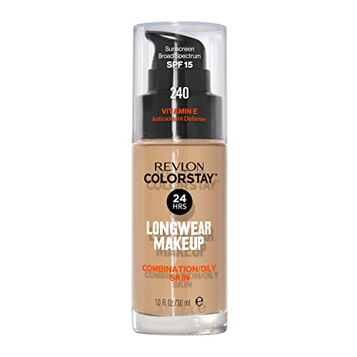 Revlon Colorstay Longwear Makeup Combo/Oily, 240 Medium Beige, 1 fl oz | Longwear foundation for combination & oily skin with SPF 15. Medium-full coverage, matte finish. Up to 24hr wear.