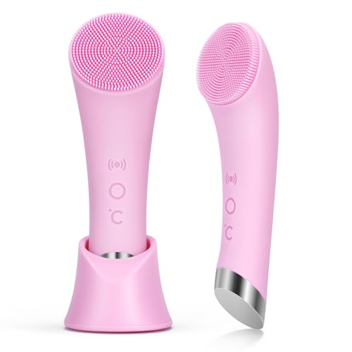 PRITECH Facial Cleansing Brush, Rechargeable Silicone Face Scrubber with Heat Massage End,