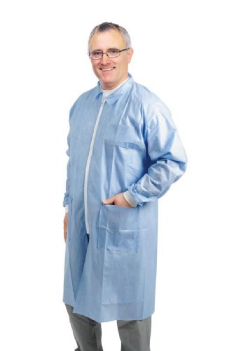 Medline Multilayer Lab Coat with Knit Cuffs and Collar, Disposable, White, Size