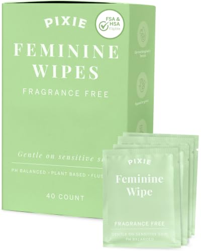 Pixie Feminine Wipes - Flushable, Biodegradable, & Ph Balanced - Individually Wrapped Packet Wipes for On The Go & Public Bathrooms - Wash & Cleaner For Your Menstrual Cups & Discs (40 count)