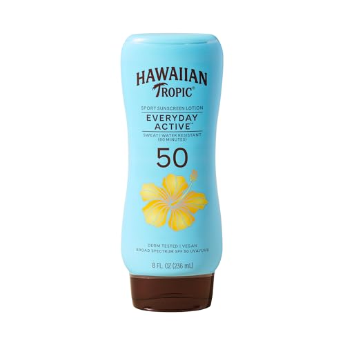 Hawaiian Tropic Everyday Active SPF 50 Sunscreen Lotion, 8 Fl Oz | Lightweight sport sunscreen, Sweat and water resistant sunblock, UVA/UVB broad spectrum protection, Iconic tropical scent