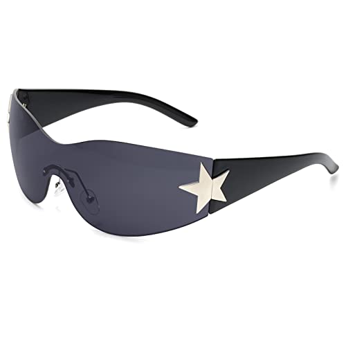 LIKSMU Rimless Y2K Sunglasses for Women Men Wrap Around Fashion Sunglasses Oversized Frameless 2000s Trendy Sun Glasses Black Lens and Black Frame
