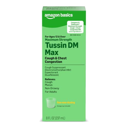 Amazon Basics Tussin DM MAX, Cough and Cold Medicine Syrup, Maximum Strength Mucus and Congestion Relief, Non-Drowsy, Raspberry Menthol Flavor, 8 fl oz (Pack of 1) (Previously Care)