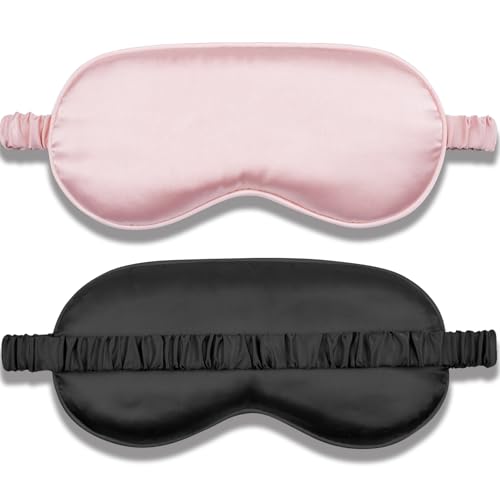 Amrules 2 Pack Silk Sleep Mask Set Adjustable, Blush Pink & Black