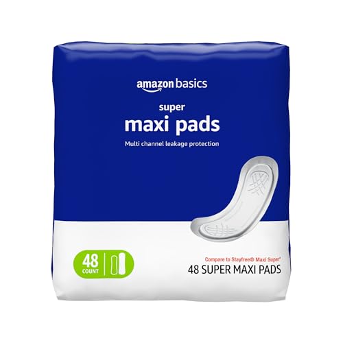 Amazon Basics Maxi Pads For Periods- Thick, Super Absorbency, Unscented, 48 Count,