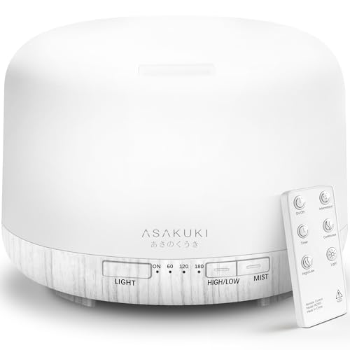 ASAKUKI Essential Oil Diffuser for Home, 500ML Aromatherapy Humidifier | with Remote Control, 7 Color LED Lights, Quiet Cool Mist Diffuser for Bedroom, Living Room, Office (White)