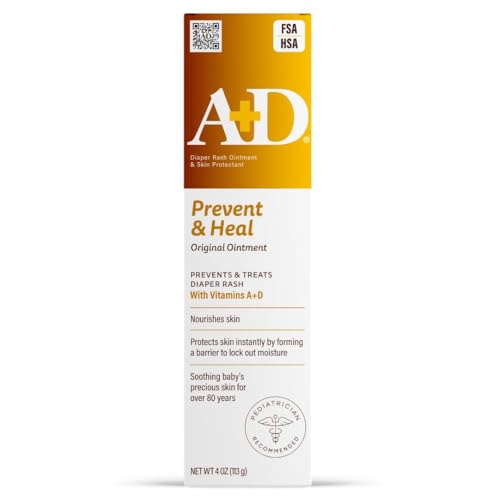 A+D Prevent + Heal Diaper Rash Ointment, With Vitamins A & D - 4 oz Tube | Treats Diaper Rash, Moisturizing Skin Protectant with Vitamins A and D, Healing Skin Ointment for Dry and Cracked Skin