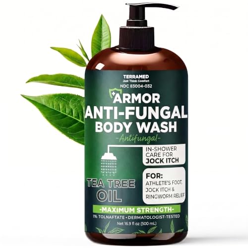 Antifungal Body Wash, Tea Tree Oil & 1% Tolnaftate for Ringworm & Jock Itch | Athletes Foot Treatment, Medicated Soap for Itchy Groin Rash, Red Scaly Rings and Peeling Toes, Aloe Shower Gel, 16.9 Fl Oz