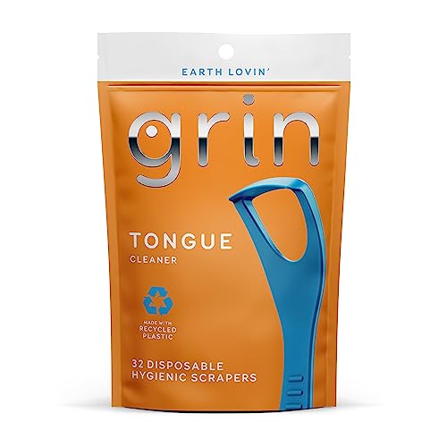 GRIN Tongue Cleaner, 32 Count, Disposable Tongue Cleaner, Hygienic Scraper, Recycled Plastic,