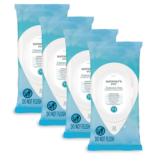Summer's Eve Gentle Feminine Wipes, Fragrance Free, 32 Count, 4 Pk | Vaginal Wipes with Gentle pH-Balanced Micellar Water Formula, Feminine Care to Help Remove Vaginal Odor, Gynecologist Tested