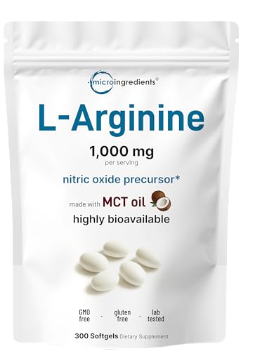 Micro Ingredients L-Arginine 1000mg with MCT Oil, 300 Softgels | Nitric Oxide Precursor for Heart Health & Blood Flow* | Extra Strength Amino Acid Formula for Men & Women | Non-GMO, No Soy