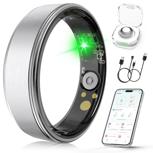 Smart Ring, Fitness & Health Tracker/Sleep/HRV/Heart Rate/SpO2 (Silver,08#) | Free App+No Subscription,