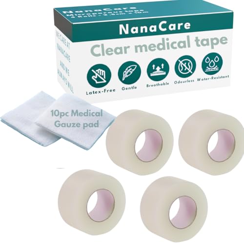 NanaCare Clear Medical Tape Waterproof, 4 Rolls - 1 inch x 10
