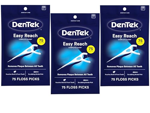 Dentek Floss Picks, Easy Reach for Complete Clean, 75 Count, Pack of 3 | Dental Flossers, Removes Plaque Between All Teeth, Reaches Back & Front Teeth, Scrubbing Bristle Pick, Oral Hygiene, Mint