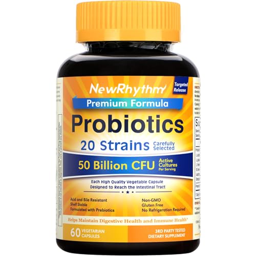 NewRhythm Probiotics 50 Billion CFU 20 Strains, 60 Veggie Capsules, Targeted Release Technology, Stomach Acid Resistant, No Need for Refrigeration, Non-GMO, Gluten Free