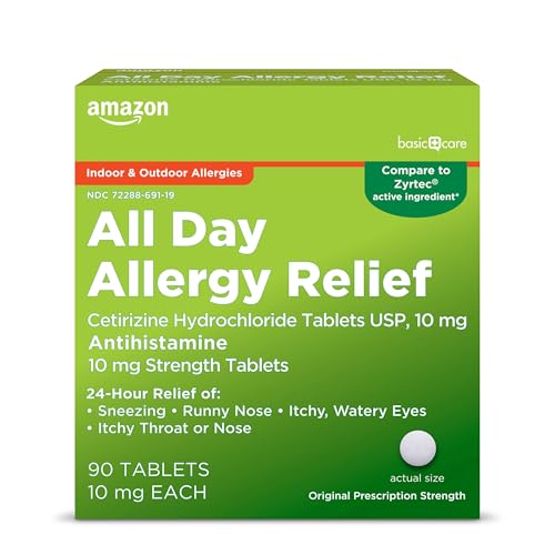 Amazon Basic Care All Day Allergy, Cetirizine Hydrochloride Tablets, 10 mg, Antihistamine,