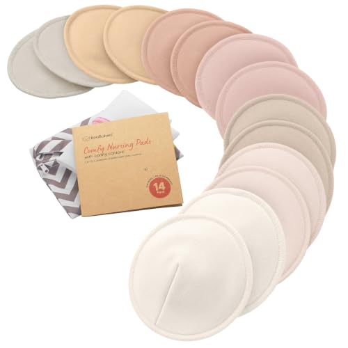 Organic Nursing Pads, 14 Washable Breast Pads,Wash Bag (Neutrals, L 5") |