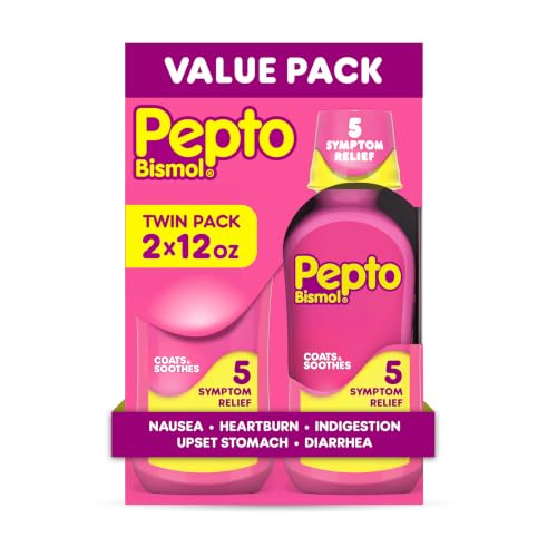 Pepto Bismol Liquid, Upset Stomach Relief, Nausea Relief, Heartburn Relief, Indigestion Relief, Anti Diarrhea Medication for Adults - 5 Symptom Fast Relief, 2x12 oz (Packaging May Vary)