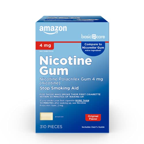 Amazon Basic Care Nicotine Polacrilex Uncoated Gum 4 mg, Original Flavor, Stop Smoking Aid, Reduces Withdrawal Symptoms and Nicotine Cravings, 310 Count