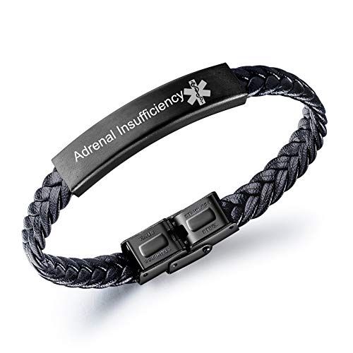 LiFashion Adrenal Insufficiency Medical Alert Bracelet for Men Women,Stainless Steel Black Braided Leather Medical ID Health Alert Wristband Medic Emergency Jewelry Monitoring Systems