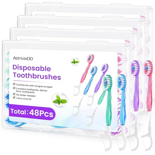 48 Pack 5-in-1 Mini Toothbrush Disposable, Prepasted Toothbrushes | Waterless Disposable Toothbrushes with Toothpaste, Floss, Tongue Scraper & Toothpick, for Travel, Hotel, Camping