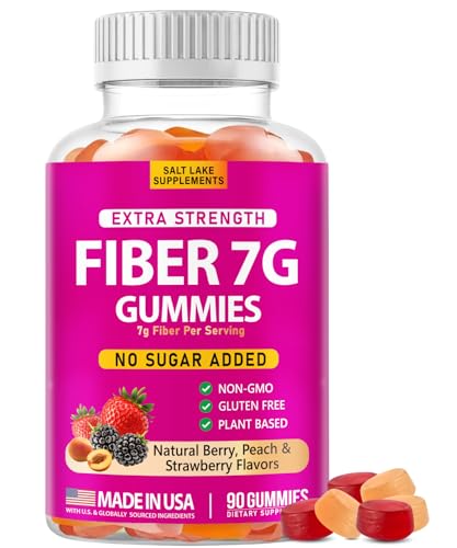 Extra Strength Fiber Gummies 7g Per Serving – Sugar Free, Plant Based | Prebiotic Fiber Supplement – Digestive & Gut Health Support – Natural Berry, Peach & Strawberry Flavors – 90 Gummies