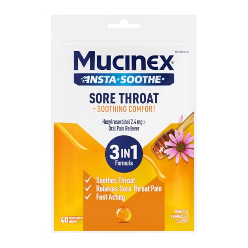 Mucinex Instasoothe Sore Throat Relief, Honey & Echinacea Flavor, 40 Drops | Hexylresorcinol Sore Throat Pain Reliever, Individually Wrapped, Up to 2-Hr Relief