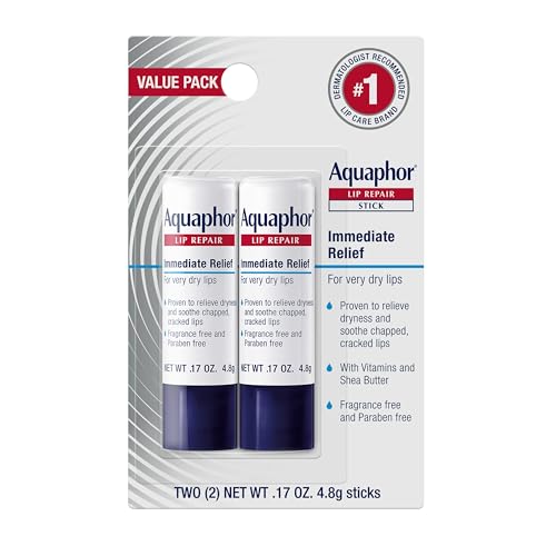 Aquaphor Lip Repair Stick, Value Pack, 2 x 0.17 OZ | Lip Balm Moisturizers with Jojoba Oil and Shea Butter, Immediate Dry Lip Relief, Paraben and Fragrance Free