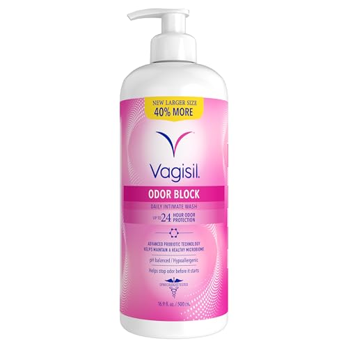 Vagisil Odor Block Feminine Wash, pH Balanced, Gentle, 16.9 Fl Oz with Pump | Odor Block feminine wash provides 24-hr odor protection. Gynecologist tested, pH balanced, hypoallergenic, with chamomile.