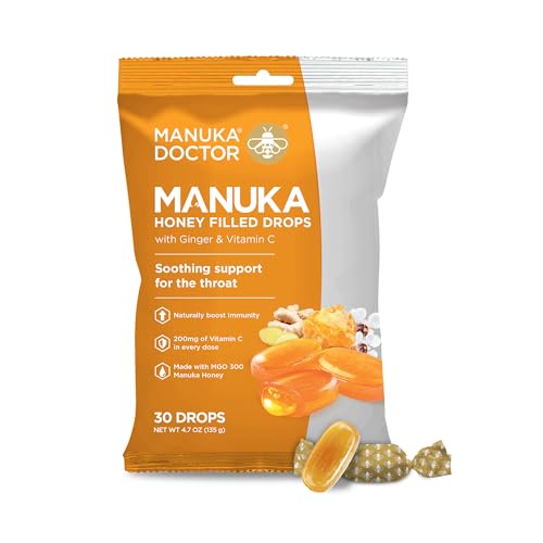 Manuka Doctor Cough Drops, Raw Manuka Honey, Ginger & Vitamin C, 30 Count, Manuka Middles, Runny MGO 300 Honey-Filled Throat Lozenges for Dry or Sore Throat and Immune Support, Helps Calm Throat