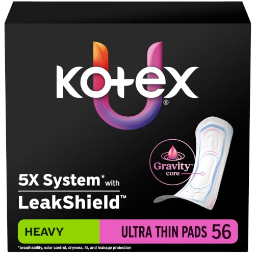 Kotex Ultra Thin Pads, Heavy, 56 Count | Period Pad, Breathable Soft