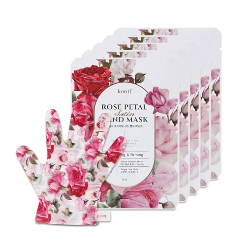 Koelf Rose Petal Satin Hand Mask (5 Pairs) - Korean Skin Care, Nourishing & Moisturizing Hand Gloves, Rose Scented Hand Masks with Peptides, Collagen & Shea Butter for Soft, Smooth Hands