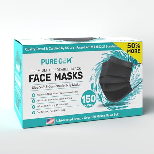 [Pack Of 150] Black Disposable Face Mask, 3-Ply Adult Masks, Facial Cover