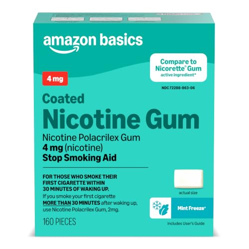 Amazon Basics Coated Nicotine Polacrilex Gum 4 mg, Ice Mint Flavor, Stop