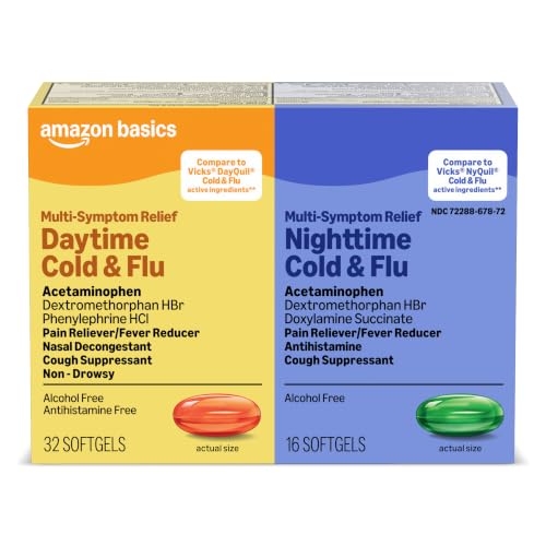 Amazon Basics Cold and Flu Relief, Daytime and Nighttime Combo Pack Softgels,