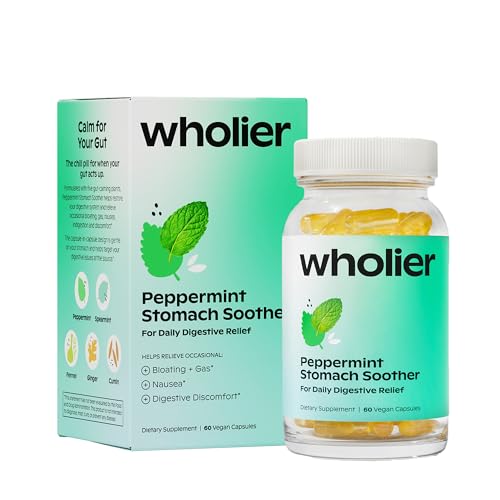 wholier Peppermint Stomach Soother, Ginger, Fennel & Spearmint, 60 Capsules | Bloating, Gas & Nausea Support with Black Cumin Seed Oil, Dual Capsule for Digestive Comfort, Vegan, Gluten Free, Non GMO