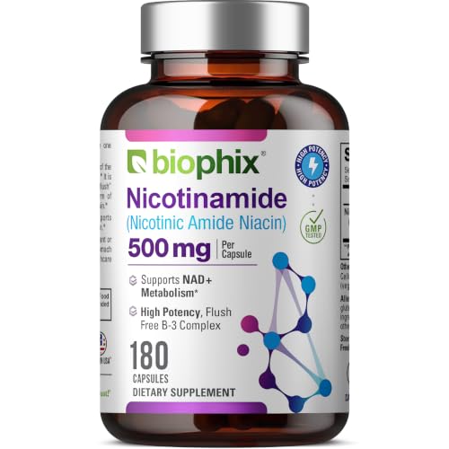 biophix B-3 Nicotinamide 500 mg 180 Caps - Nicotinic Amide Niacin Natural Flush-Free Vitamin Formula - Supports Skin Cell Health