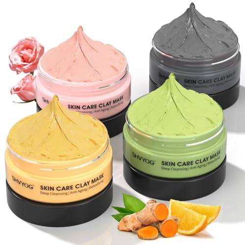 SHVYOG 4Pcs Face Mask Set - Turmeric Clay Mask, Vitamin C, Green