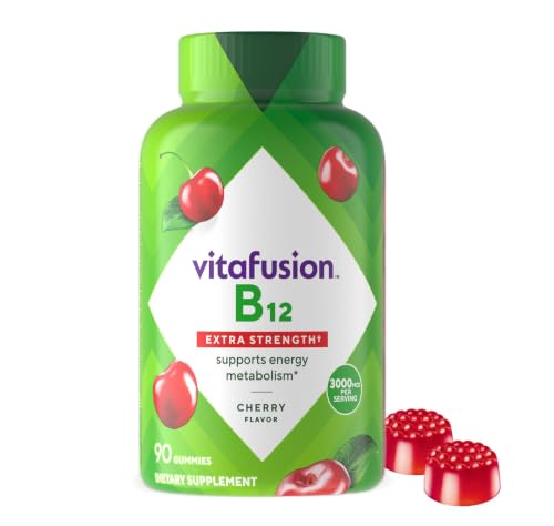 Vitafusion Vitamin B12 Gummies | 3000 mcg Per 2 Gummies | 90 Gummy Vitamins | Extra Strength for Adult Women & Men Energy | Yummy Cherry Flavor | Gluten and Dairy Free Supplement