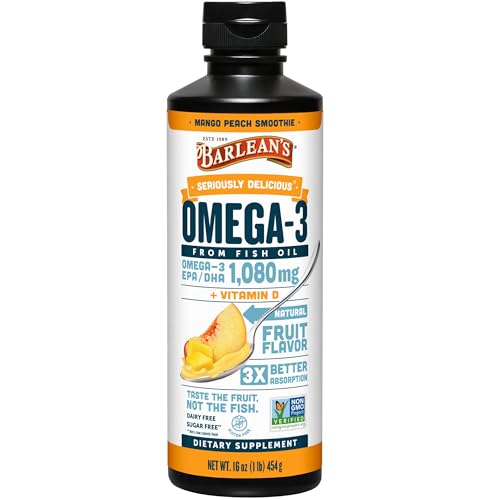 Barlean's Mango Peach Omega-3 Fish Oil with Vitamin D, 1080mg, 16oz |
