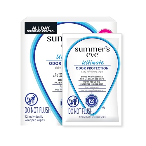 Summer's Eve Feminine Wipes, Ultimate Odor Protection, Boric Acid, 12 Ct | Individually Wrapped Vaginal Wipes with Boric Acid, Feminine Care to Help Remove Vaginal Odor, Gynecologist Tested