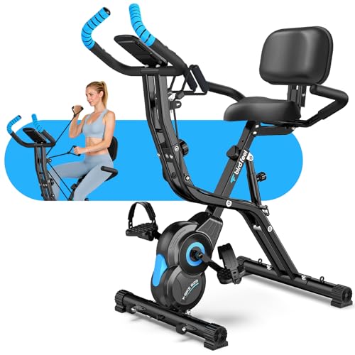 Foldable Exercise Bike, 8-Level Magnetic Stationary Bike for Home Gym | Quiet indoor workout bike with arm resistance bands, LCD monitor, and 300 lbs capacity for full-body cardio training
