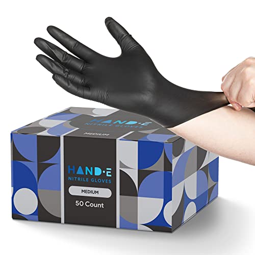 Hand-E Touch Black Nitrile Disposable Gloves Medium, 50 Count - BBQ, Tattoo, Hair Dye, Cooking, Mechanic Gloves - Powder and Latex Free