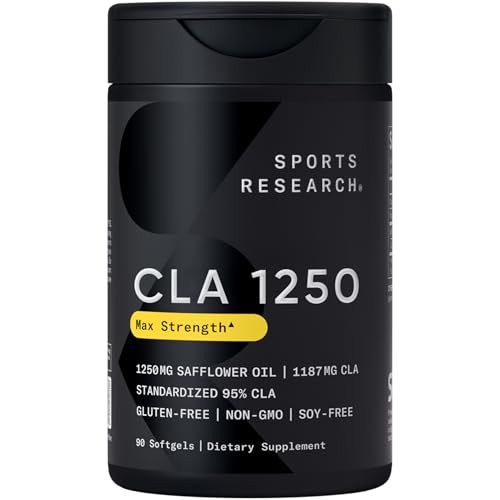 Sports Research® CLA 1250mg, 90 Softgels | 95% Active Conjugated Linoleic Acid | From Safflower Oil | Non-GMO, Soy-Free, Gluten Free - 90 Servings