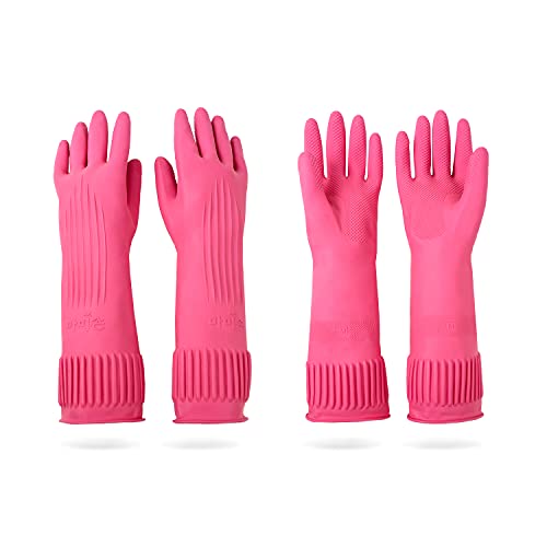 Mamison Rubber Dishwashing Gloves, Non-Slip Kitchen, Pink Medium, 2 Pairs | Korean