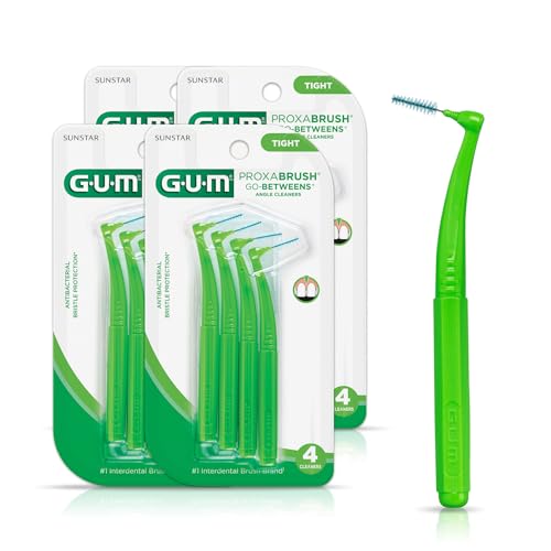 GUM Proxabrush Go-Betweens Angled Interdental Brushes, 4 Count (4 Pack) | Soft bristles for tight spaces, Nylon-coated wire, Safe for braces and implants, Reusable with travel cap, 10 days of use
