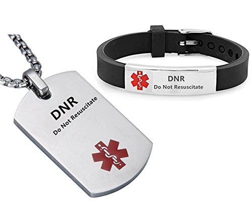 LiFashion LF Stainless Steel DNR Medical Alert Dog Tag ID Pendant Caduceus necklace Set Adjustable Silicone Rubber Chain Medical ID Health Alert Monitoring Systems Jewelry Sets for Men Women
